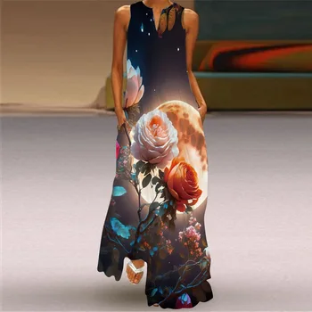 נשים אביב-קיץ שמלה ארוכה שרוולים V-צוואר רופף ירח פרחים הדפסה חוף שמלות מסיבת אלגנטי, שמלת מקסי נשים