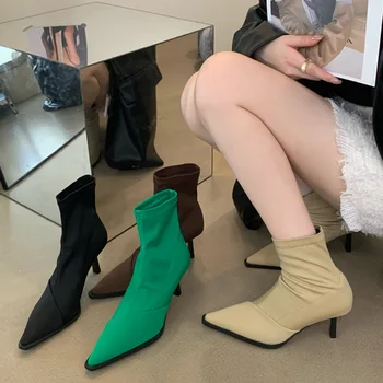 2023 החורף החדשה לנשים מחודד בוהן 7 סנטימטר דק עקבים גבוהים מגפיים קצרים ירוק חום צרפתי בד למתוח גרב מגפיים מסיבת הנשף נעליים