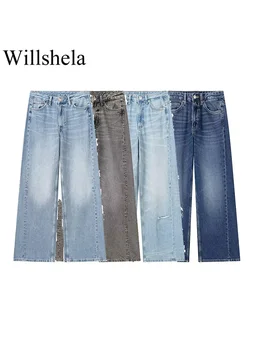 Willshela נשים אופנה ג 'ינס מוצק הרוכסן הקדמי ישר מכנסי ג 'ינס וינטג' גבוה מותן באורך מלא נשי אופנתי ליידי מכנסיים