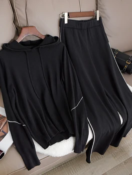 סתיו מזדמן סריגה חליפת נשים 2023 עם שרוולים ארוך עם ברדס סוודר ג ' קט+מכנסיים רחבות שני חתיכת קבוצה נקבה שחור אדידס