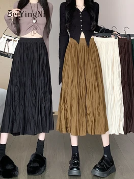 Beiyingni אביב סתיו נשים חצאיות קפלים אופנה חדשה אלסטי המותניים קו-Midi החצאית הארוכה אביזרי מזדמן אלגנטי Faldas